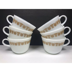 Set of 6 Pyrex Butterfly Gold White Milk Glass Coffee Tea Cup Mug Vintage 8 Oz